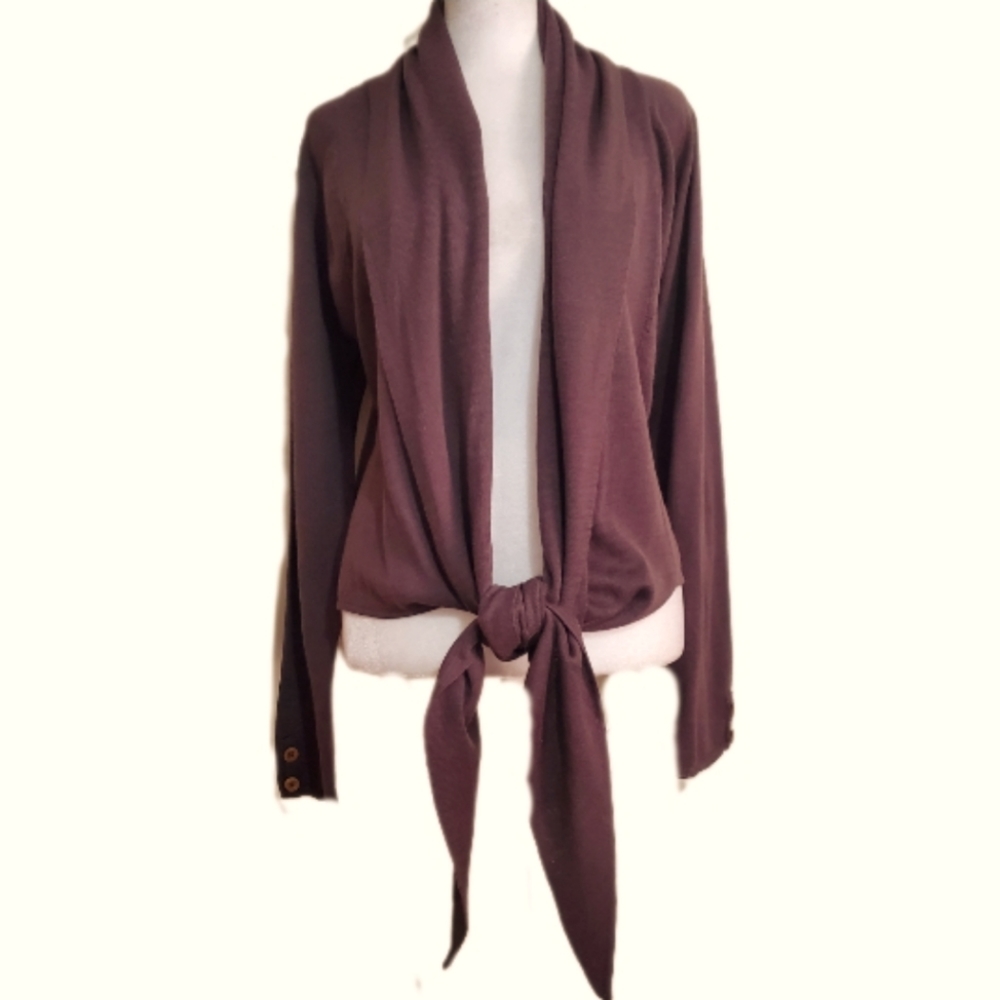 Soft Surroundings brown wool tie bottom scarf collar cardigan knit sweater L NWT